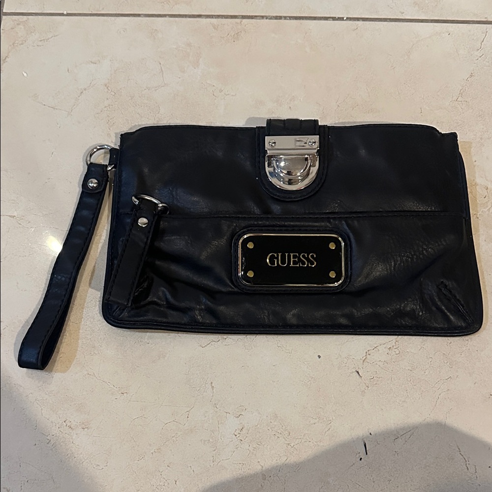 Guess Brooke Black Faux Leather Wristlet Clutch with Silver Hardware